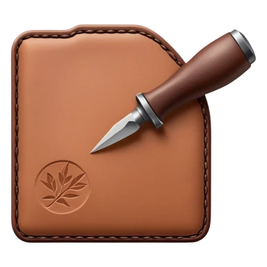 Leatherworking icon, piece of raw leather with started engraving, engraving tool or chisel, stamp or press, textured surface, minimalistic style, clean lines, transparent background. sticker