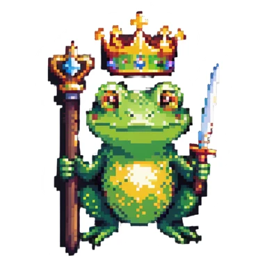 pixel art crowned frog holding a scepter wearing a crown sticker