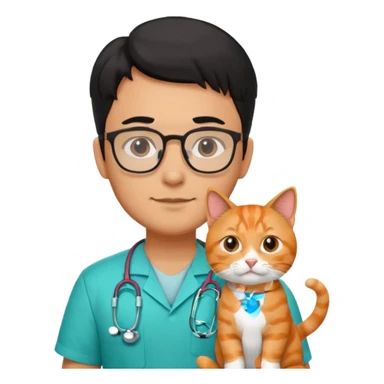 Veterinario hombre trigueño con lentes, con cabello negro, y con uniforme veterinario color verde turquesa y estetoscopio  cargando un gato naranja sticker