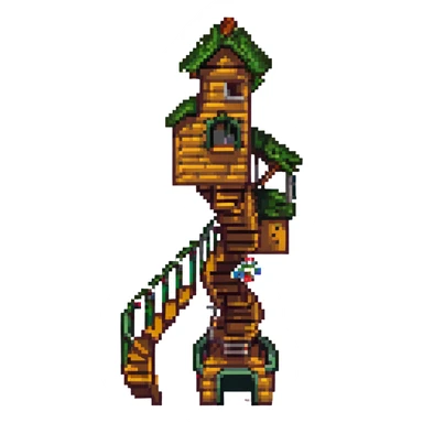 treehouse with spiral staircase, fantasy atmosphere, pixel art style sticker