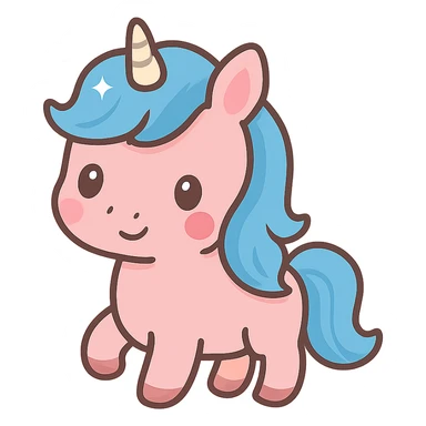 kawaii pink unicorn with blue hair, small shiny horn sticker