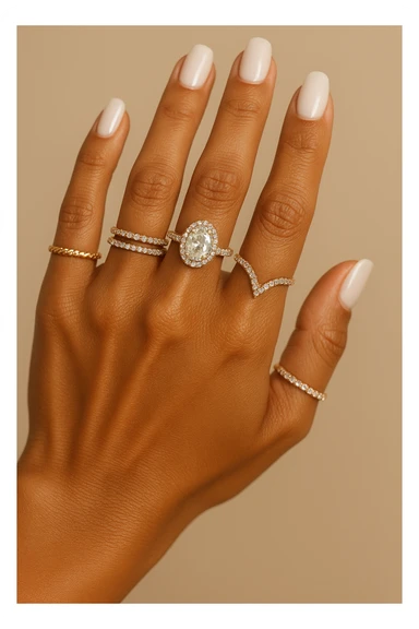 a beautiful tanned woman's hand with multiple rings, stylish, close-up, sparkling jewelry sticker