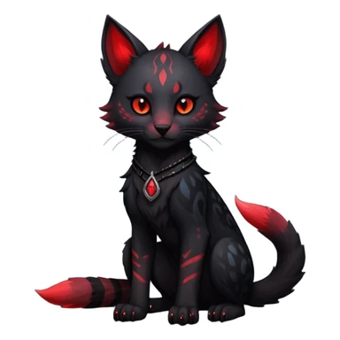 Cute kawaii cool edgy badass  dark obsidian-black fur with crimson glowing runic markings fantasy-caracal-civet-genet-sergal-vernid-Gryphon-Cacomistle-Trico-oncilla-animal-Fakémon-hybrid-fursona (full body), facial markings, (realism style) sticker