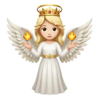 Full-body emoji-style angel: blonde hair, golden flame crown, halo, large wings, white dress, full body visible from head to feet, cute smooth emoji look. sticker