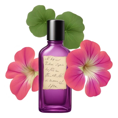Aesthetic display of blush violet nasturtiums, an elegant deep pink perfume bottle, and a vintage love violet letter written in flowing script. sticker