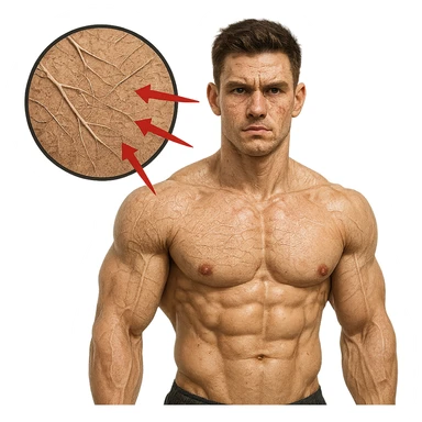 25-year-old bodybuilder, low collagen, hyper realistic style, defined muscles, skin with zoom effect on sparse collagen fibers, red arrows, clinical atmosphere, white background sticker