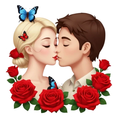 Hyper Realistic Couple kissing surrounded by roses and butterflies emoji sticker