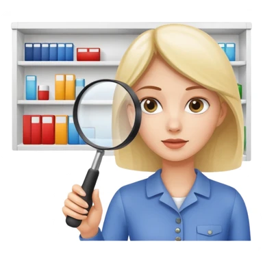 emoji of white empty shelf in perspective view with a woman nearby, she is looking at the shelfs with a magnifying glass sticker