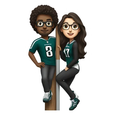 Dark brown hair female with glasses and white male with light brown hair who are both eagles fan climbing up a pole sticker