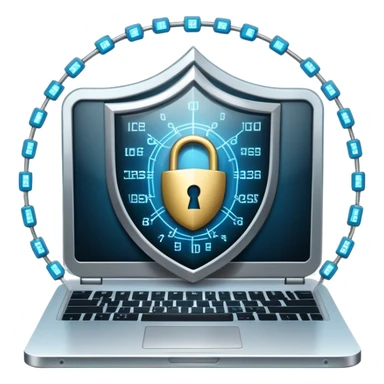 An icon featuring a digital shield with a lock, binary code, symbolizing cybersecurity. The design includes a laptop, warning icons, and secure network nodes, representing protection against cyber threats. Transparent background highlights digital safety and defense. sticker