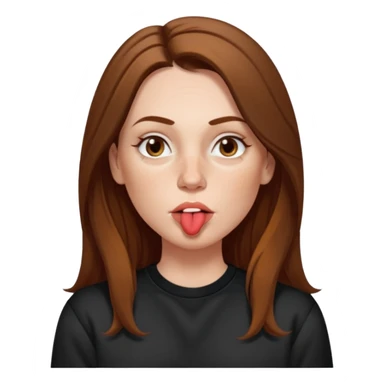 A 38 year old white woman with long brunette hair parted in the middle. She has her nose pierced. Her nose is medium sized. She has brown eyes. She has freckles and is wearing a black sweatshirt and is making a kissing mouth. sticker