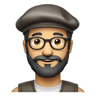 happy smile harvester face long dark beard and short dark hair with little transparent glasses and a french beret sticker