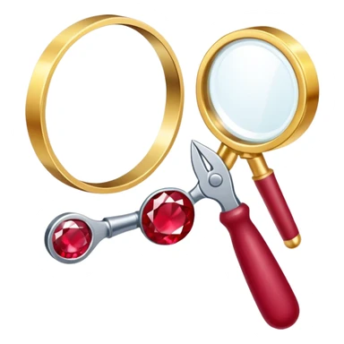 Jewelry art icon. A ring with a golden ruby through magnifying glass and pliers. Minimalistic style, clean lines, transparent background. sticker