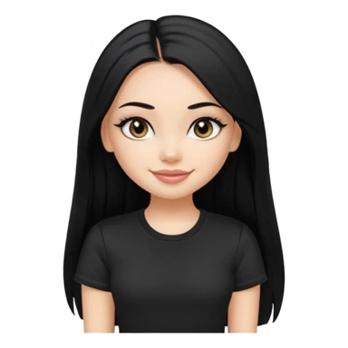 a pretty bratz fair girl with straight long black hair, wearing a black tshirt, smiling, eyeliner on sticker