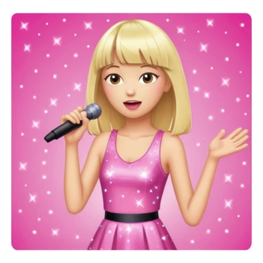 Pretty and thin tall Blonde pop star with bangs singing onstage, wearing a sparkly pink outfit   sticker