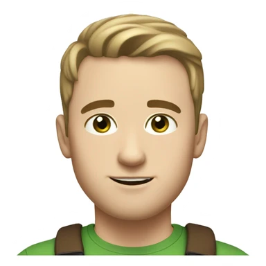white guy, 30 years old, white skin, round face shape, wide nose, big eyebrows, no beard, very short hair, green eyes, brown hair sticker