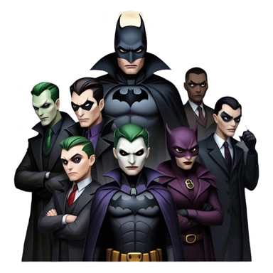 Icon for Thriller Movies: A large, dramatic collage featuring sinister villains in dark clothing. The background shows the gloomy cityscape of Gotham, with dim lighting and eerie shadows. The atmosphere should be tense, mysterious, and suspenseful. Transparent background. sticker