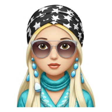 white pop singer girl, chic, long straight platinum hair, patterned headscarf, big sunglasses sticker