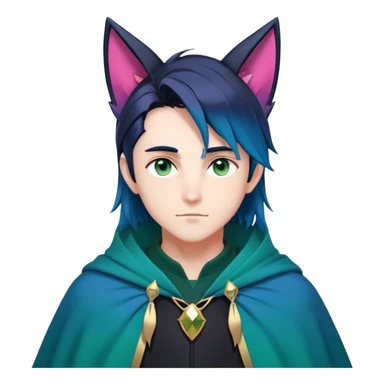 anime man with straight long dark-blue-black-gradient hair, long black fox ears with pink Scapha, hazel-gradient-brown-turquoise eyes, gold earring, dark-blue-sweater, green cape,  sticker