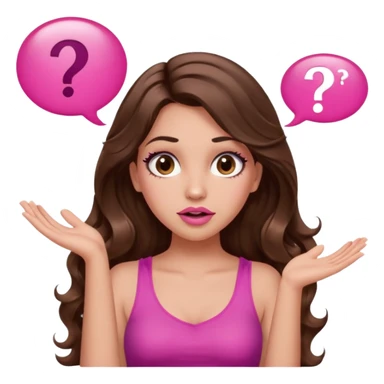 girl with long wavy brown hair, brown eyes, long lashes makeup, sexy pink lips, light to medium complexion, pink sexy top, two hands up, shrugging, confused questions mark bubble sign sticker