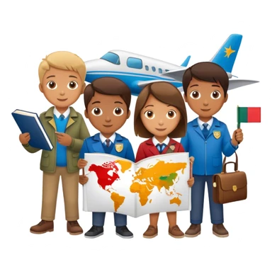 A child looking at a map 🗺️👀, a magnifying glass over different country flags 🔍🏳️, a passport and a plane ticket ✈️📄, and a student celebrating with books and a diploma 🎉📚🎓." sticker