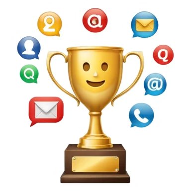 trophy with digital marketing icons email, social, analytics sticker