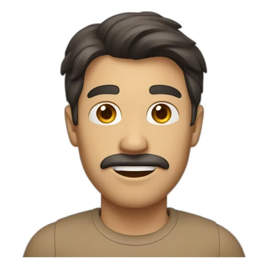 Man with light brown shirt, dark hair and small mustache waving sticker