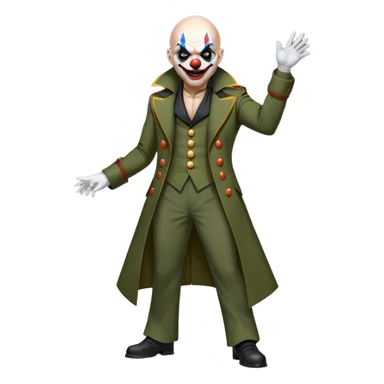 evil clown, bald, small black horns on forehead, fangs, pointed ears, eye patch over one eye, long coat over black and military green leisure suit with bellbottom pants, tail, realistically proportioned, less bulky, full body, battle-ready, fighting posture sticker