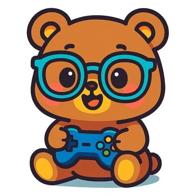 chibi bear with glasses playing games, vibrant and cute, animated style sticker