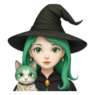 Witch with cat companion, green haired sticker