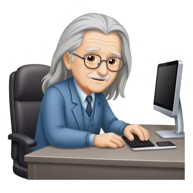 old person with long hair working behind a hotel desk.  sticker
