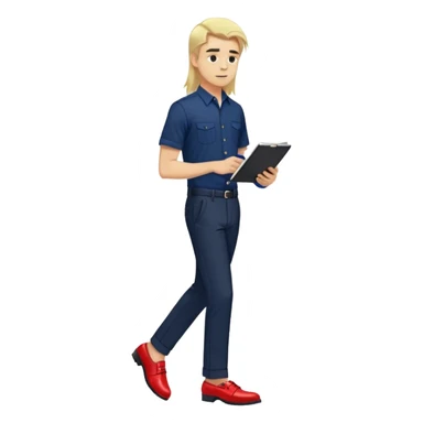 Guy with super long straight blonde hair wearing a short sleeve navy button up untucked black pants red shoes walking holding a notebook sticker