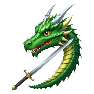 fierce green dragon head facing a medieval sword with classic hilt and wide sharp blade, clear simple details, antique robust sword design sticker