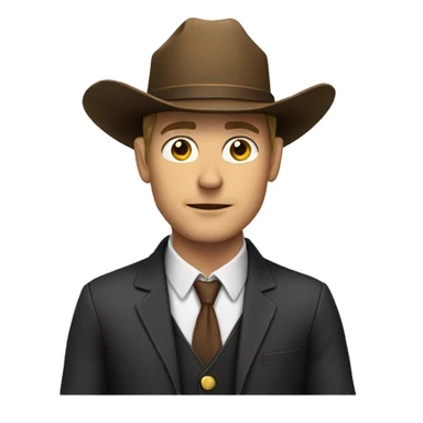 White man in a suit with a cowboy hat sticker