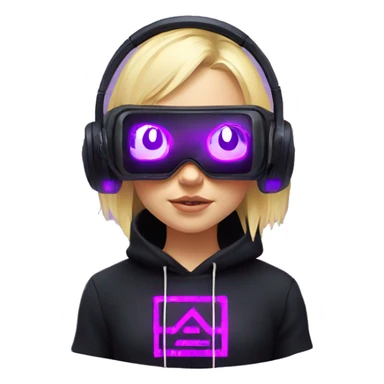 Russian cute blond girl wearing black hoody with violet letters "OMG", in vr headset. Cyberpunk style. Violet neon. sticker