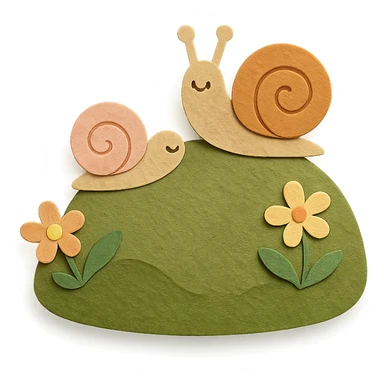 mossy rock with snails and small flowers in earthy pastel colors, paper craft style sticker