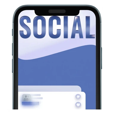 Full smart phone with the word "SOCIAL" on the screen, with a social media app on-screen display in the background sticker