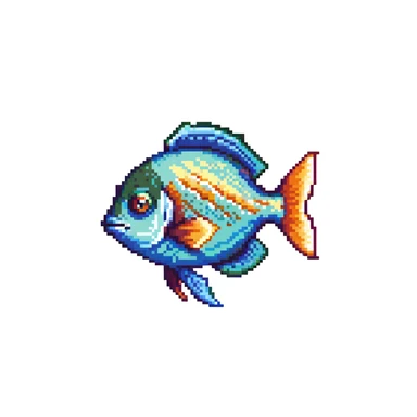 Tropical colorful fish for Minecraft inventory, eye pointing down-left at 45-degree angle, square texture, pixel art game asset sticker