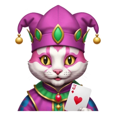 court jester cat medieval, single poker card joker clearly visible, pink, face only, round badge, court jester cap sticker