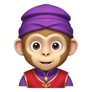 Cute monkey inspired by Abu from Aladdin, big expressive eyes, purple vest, red fez hat, mischievous grin. Emoji-style, bold outlines, bright colors, centered face on transparent background, high quality, vector style. sticker