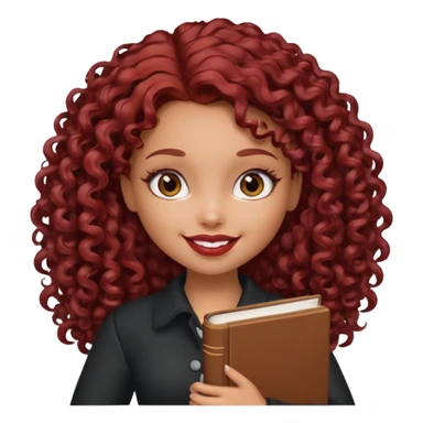 generate a pretty bratz girl curly dark red hair, brown lipstick on, smiling. Book in hand sticker