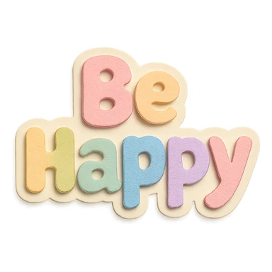 "Be Happy" soft pastel rainbow soft puffy text, kawaii sticker style, no frame, isolated design, transparent background sticker