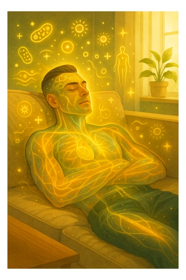 Uomo sdraiato su un divano nel primo pomeriggio, mentre fa un breve riposino. Il suo corpo appare parzialmente trasparente o stilizzato, con luce calda e flussi energetici dorati e verdi che scorrono attraverso muscoli, cervello, e organi. Intorno a lui si vedono piccoli simboli di rigenerazione: cellule che si rinnovano, tessuti che si illuminano, aura rilassata. L'ambiente è calmo e ordinato, luce naturale che entra da una finestra, atmosfera rigenerante, stile realistico con accenti metaforici. sticker