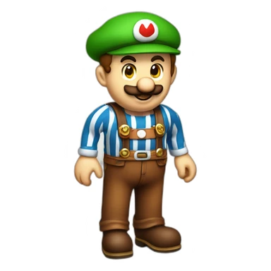 bavarian octoberfest visitor in super mario style. With a green hat, blue and white stripes shirt and brown leather pants. make the shirt blue and white sticker