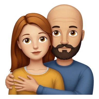 Couple. Bald man with dark brown-black beard. White woman with many small, faded freckles, she has white skin and she has auburn-yellow-brown-cinnamon, dark long hair. She has light brown eyes. The man have hazel eyes. Retro style. They hug. sticker