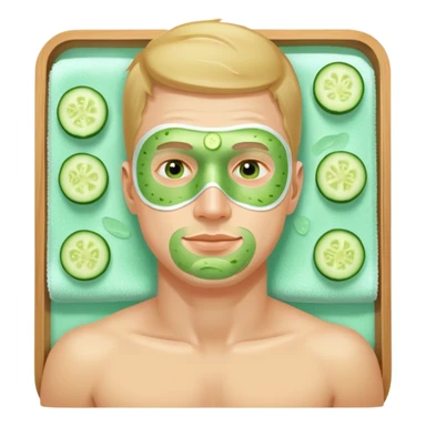 white man with green facial mask and cucumber slices on eyes, relaxing at a spa sticker