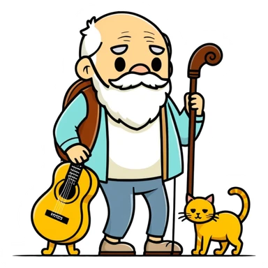  old blind man and his walking stick and guitar ￼ with golden cat  sticker
