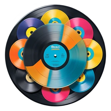 Icon for Vinyl Record Collecting: colorful vinyl records in decorative packaging featuring artist images, neatly arranged on a wall or shelf. The icon should reflect the aesthetic and artistic aspect of collecting vinyl records. Transparent background. sticker
