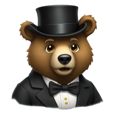 A animatronic bear wearing a tophat and a black bow sticker