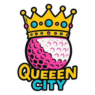 Add the text 'Queen City' in a stylish, modern font below the emoji, keeping the cool, energetic vibe. sticker